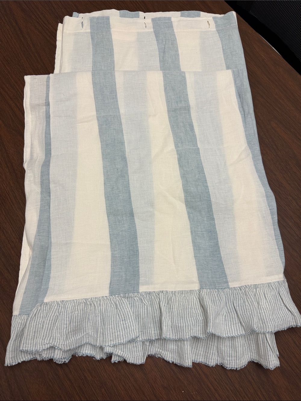 Light Blue and White Striped Ruffled Shower Curtain